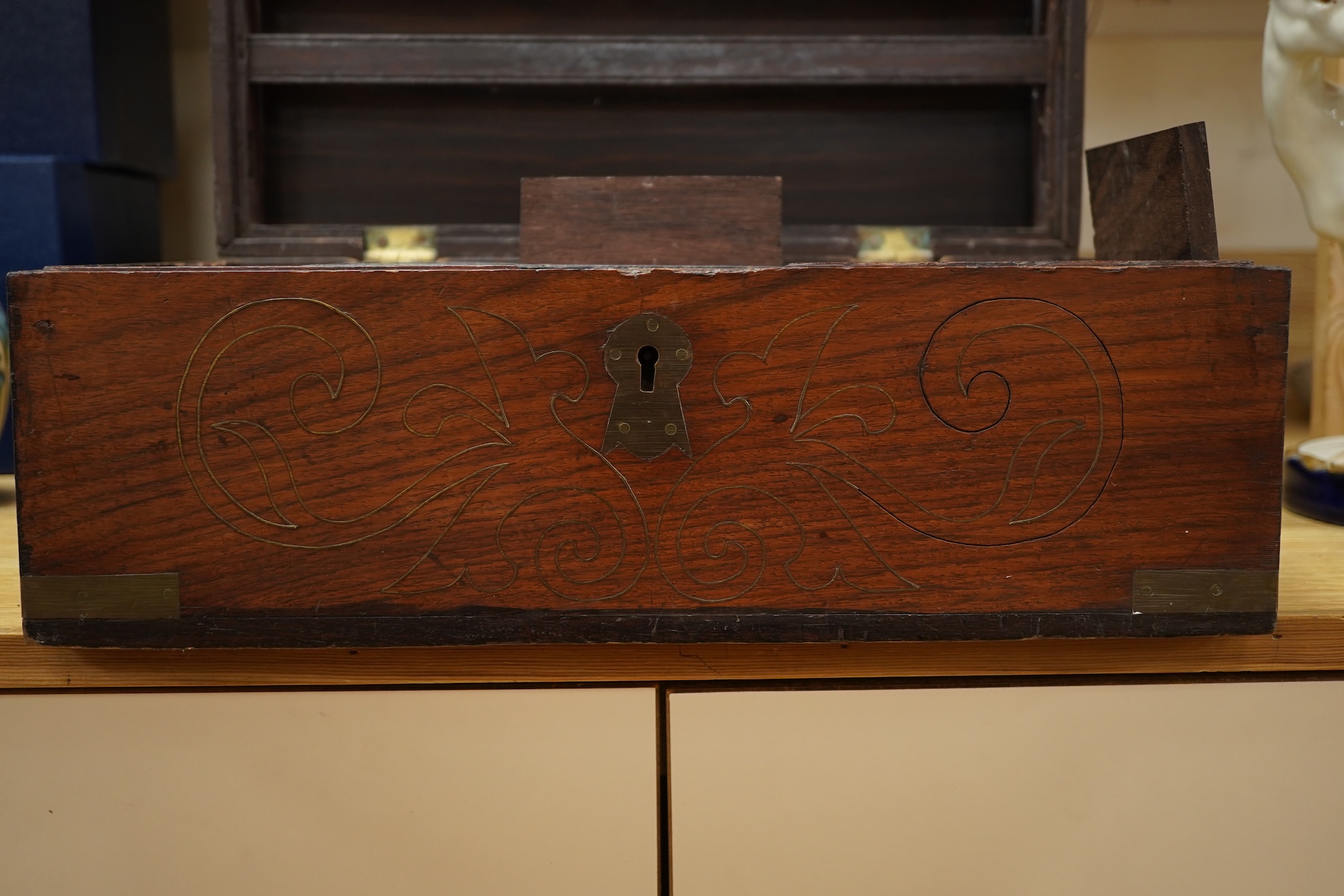A 19th century brass inlay rosewood writing box an mahogany writing box, 42cm wide x 18cm high